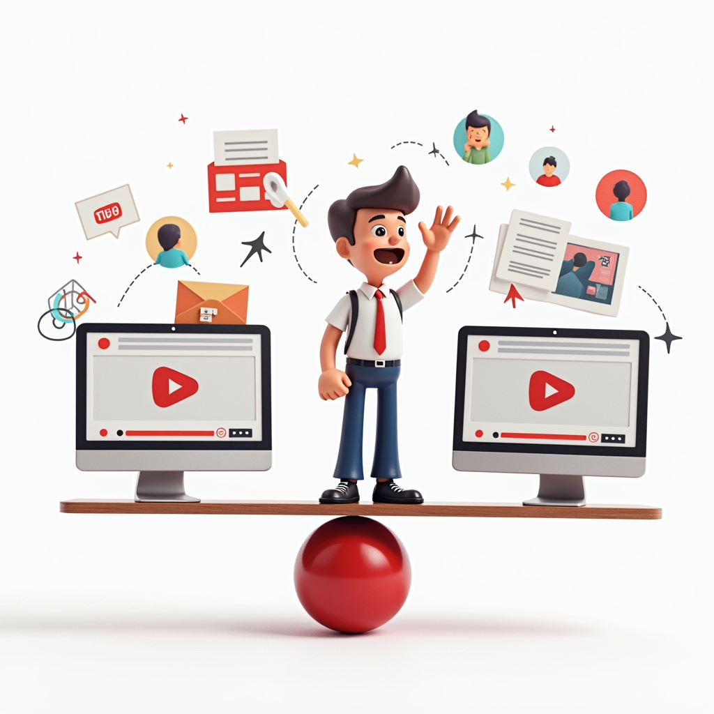 A stylized image depicting a person carefully balancing the use of SEO techniques on a YouTube video, symbolizing the importance of avoiding overuse. Include elements of video editing, keyword research, and audience engagement.