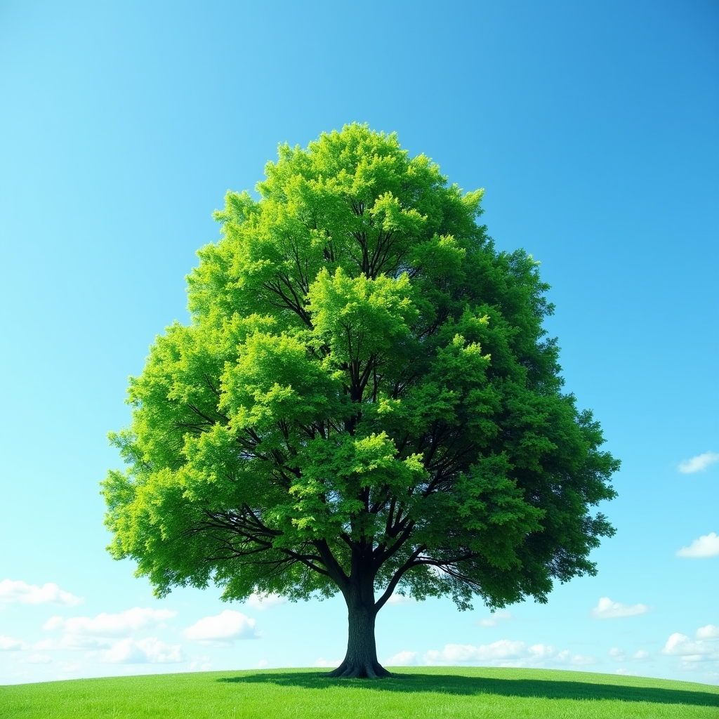 A lush green evergreen tree standing tall against a clear blue sky, symbolizing content that remains fresh and relevant over time.