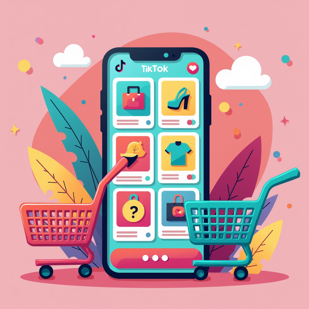 A vibrant and colorful illustration depicting a smartphone displaying the TikTok app interface with shopping cart icons and product listings, symbolizing the integration of e-commerce into the social media platform.