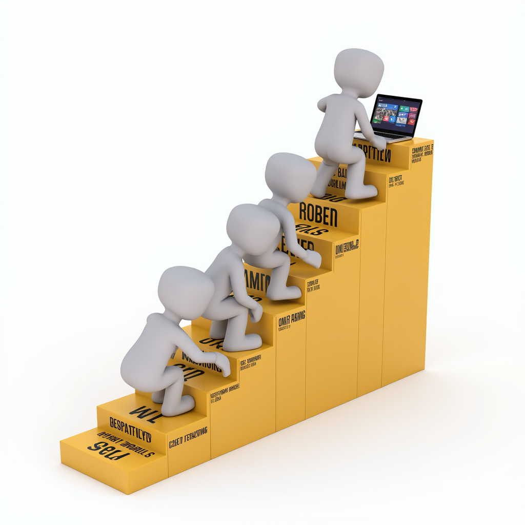 A visual representation of a website steadily climbing a staircase labeled with milestones like 