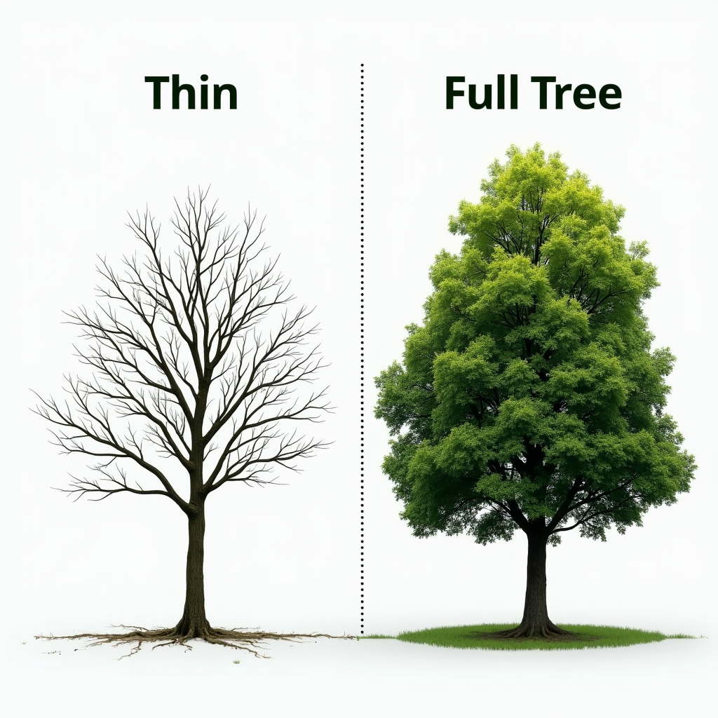 A side-by-side comparison of a thin, sparse tree next to a lush, full tree, representing thin content versus comprehensive content on websites.