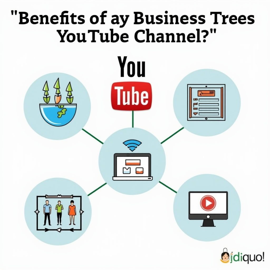A visually appealing graphic illustrating the benefits of a business creating a YouTube channel. Include icons representing sustainability, search engine optimization, and brand building. The overall tone should be professional and informative.