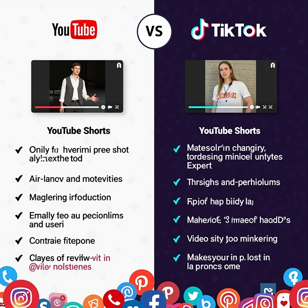 A dynamic visual representation comparing YouTube Shorts and TikTok interfaces, highlighting their key differences and user engagement styles, set against a backdrop of social media icons.