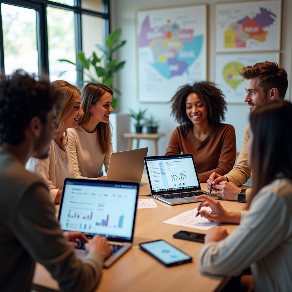 A group of diverse people are collaborating around a table, brainstorming ideas for website content. The scene is modern and bright, with laptops and tablets displaying audience demographic data and keyword research. The focus is on the collaborative and research-driven aspect of understanding the target audience.