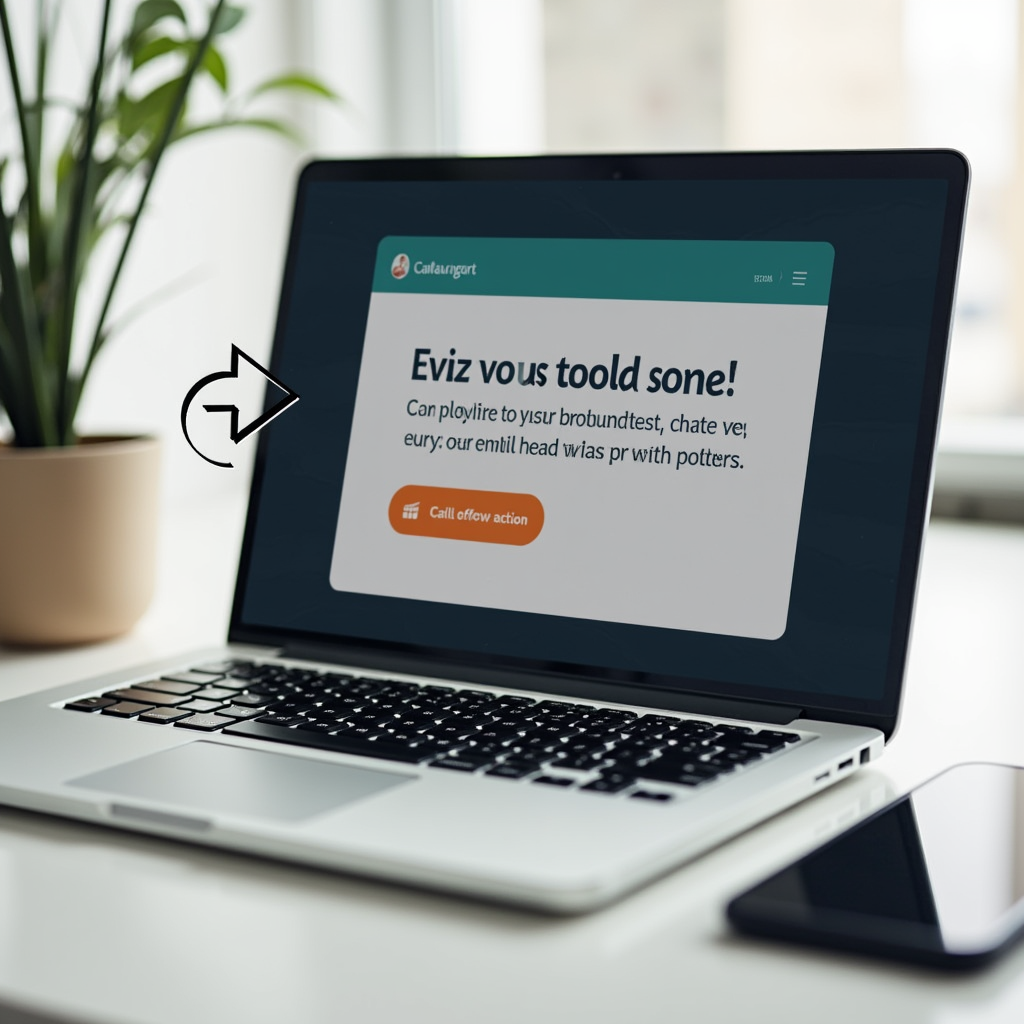 A laptop displaying a website with a clear headline highlighting a key benefit to the user. An arrow points from the headline to a prominent call-to-action button. The overall visual emphasizes the importance of quickly conveying value and directing users towards desired actions.