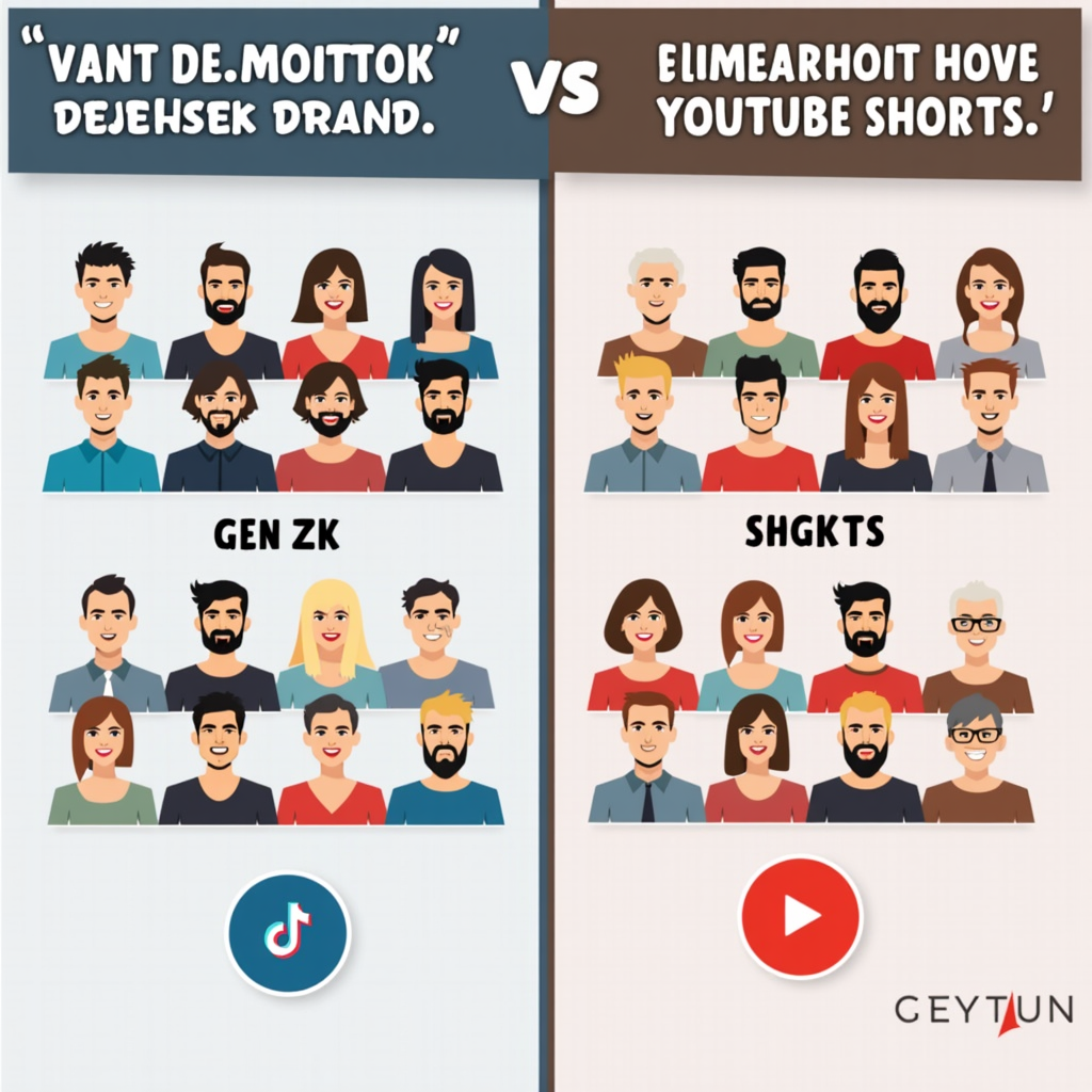 A split-screen illustration showcasing the demographic differences between TikTok and YouTube Shorts users, with Gen Z avatars on the TikTok side and a mix of age groups on the YouTube Shorts side.
