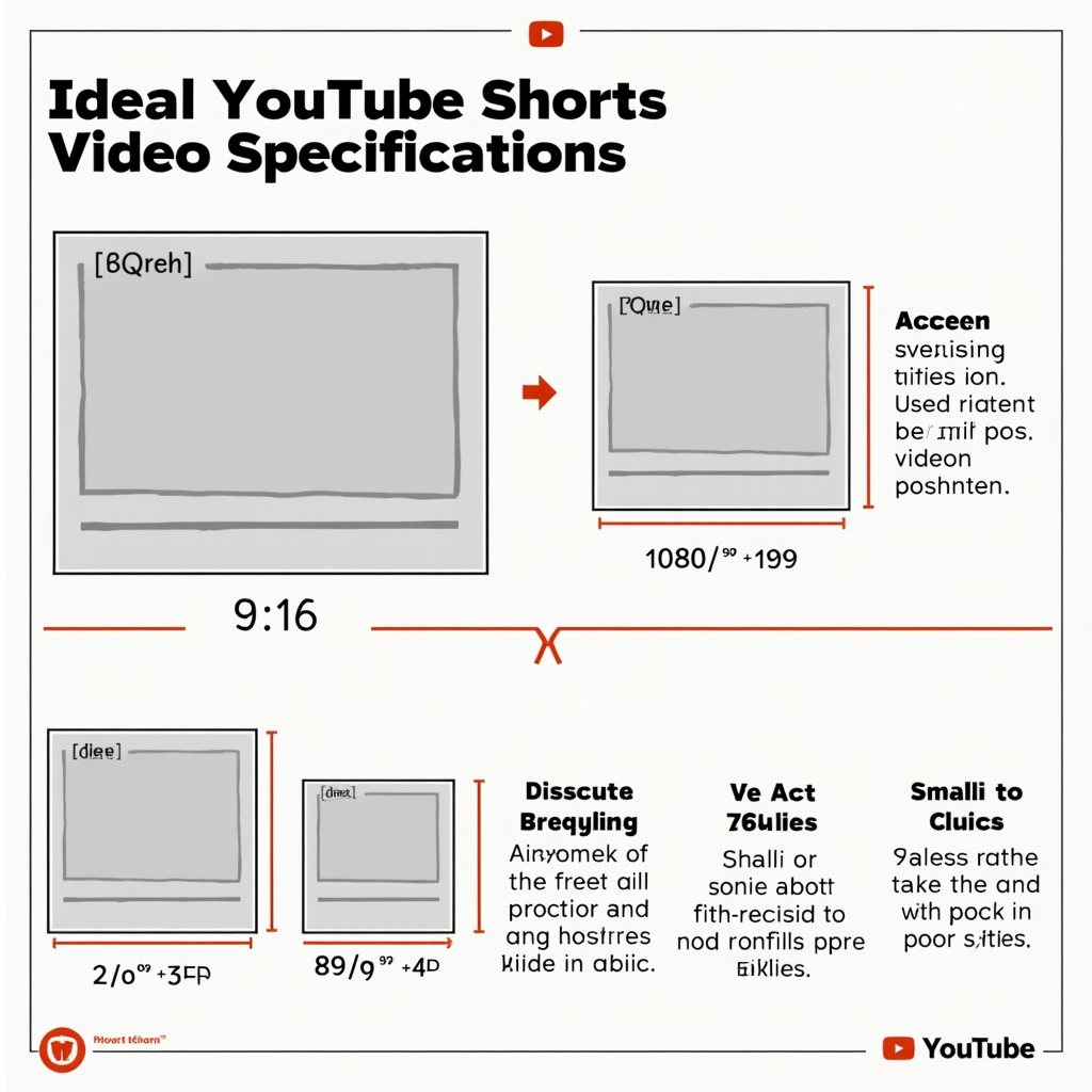 A detailed infographic illustrating the ideal YouTube Shorts video specifications, including aspect ratio (9:16), resolution (1080x1920), frame rate (30fps), and file size limits. The infographic should also show examples of how incorrect sizes can lead to cropping or poor video quality.