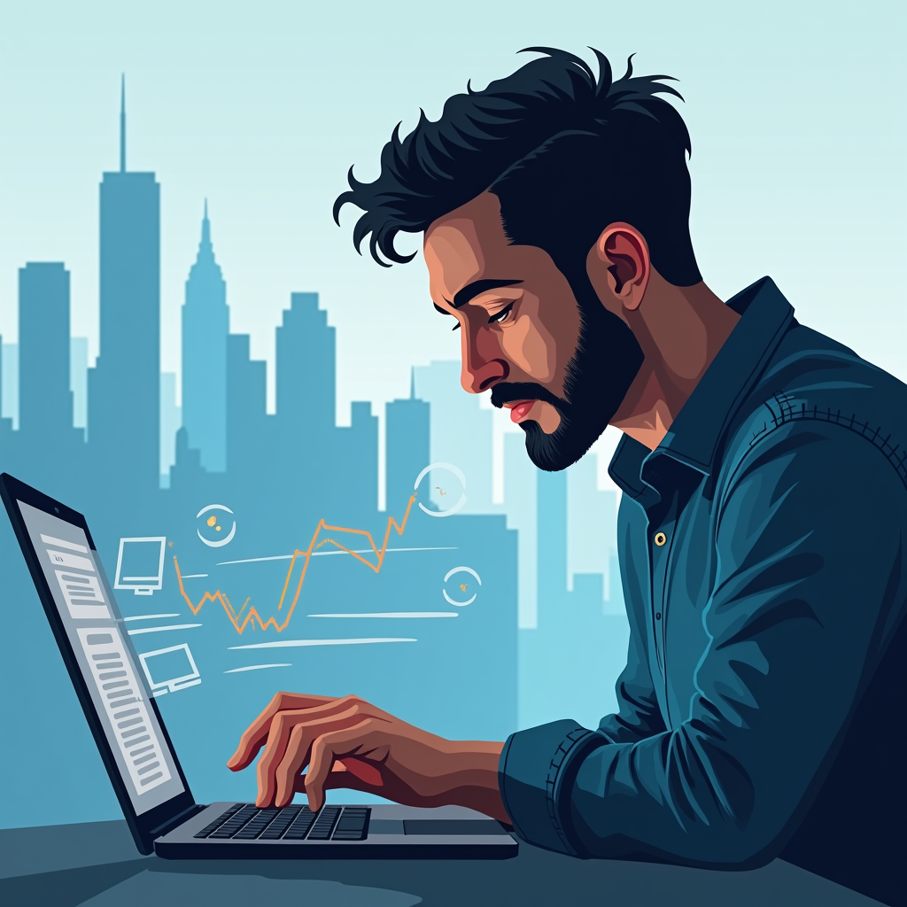 Bí quyết chinh phục top đầu Google chi tiết A-Z 2 A digital marketing specialist analyzing keyword ranking data on a laptop, with a focused expression. The background features a cityscape silhouette and search engine icons.