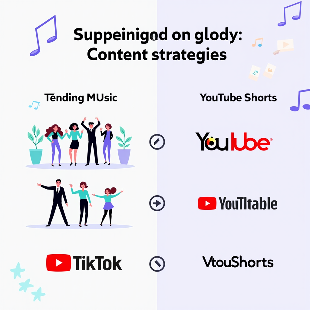 A graphic depicting content strategies for TikTok and YouTube Shorts, with trending music notes and dance icons symbolizing TikTok, and branding elements and YouTube logos representing Shorts.