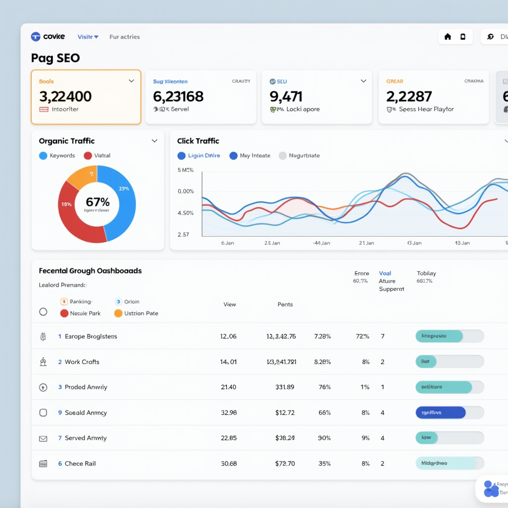 Tầm quan trọng của giám sát SEO trong chiến lược digital marketing 2 A dashboard displaying key SEO metrics such as keyword rankings, organic traffic, and click-through rate, with charts and graphs indicating performance trends. The dashboard is modern and clean, with a focus on data visualization.