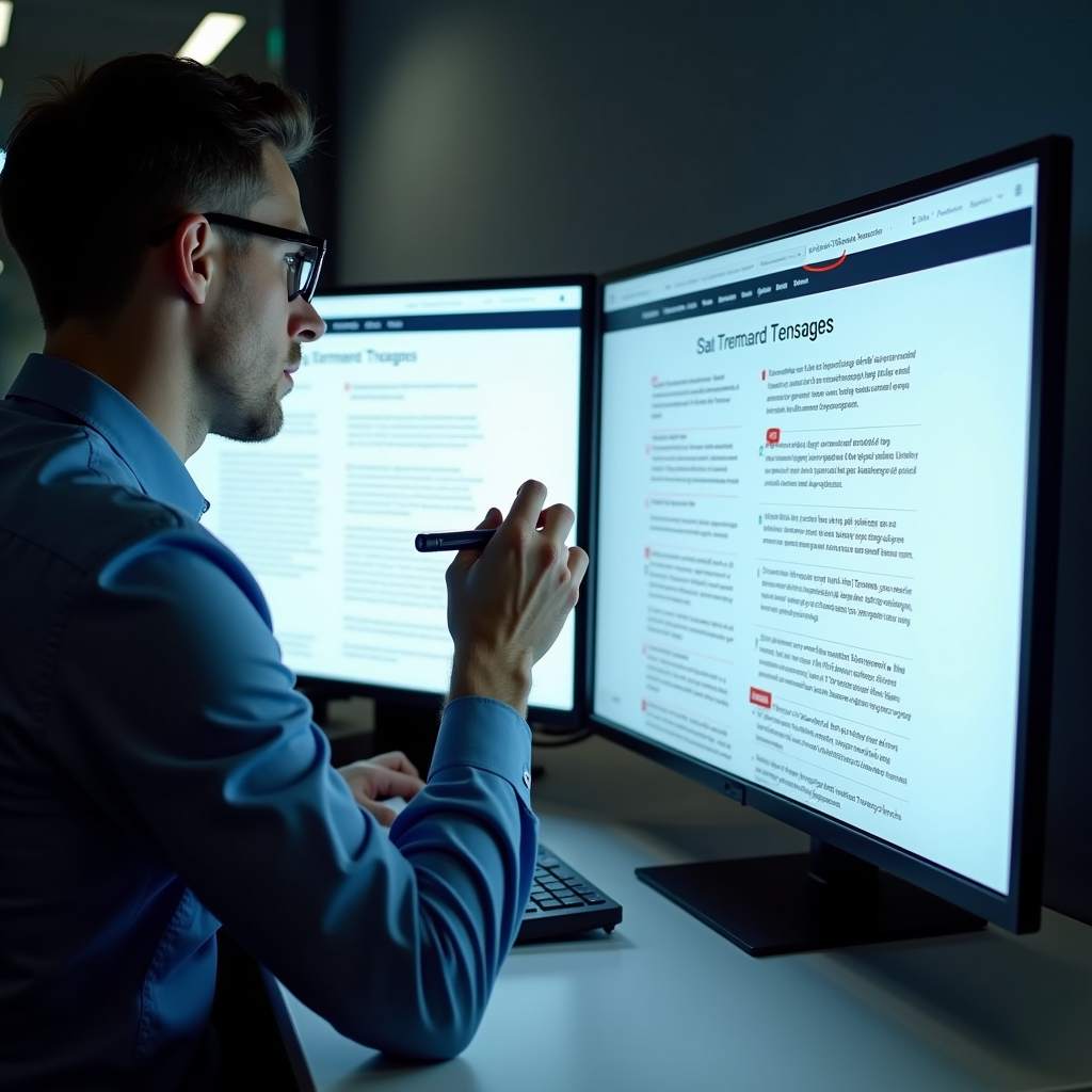 So sánh website: 6 cách đánh giá chất lượng hiệu quả 2 A critical analyst meticulously examining the content of two different websites on a split screen, highlighting key differences with annotations. The scene is brightly lit with a focus on detail and comparison.