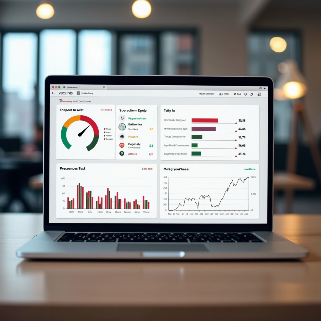 So sánh website: 6 cách đánh giá chất lượng hiệu quả 4 A loading speed test result displayed on a laptop screen, with graphs showing website performance metrics. The setting is a modern office space with a focus on data analysis and optimization.