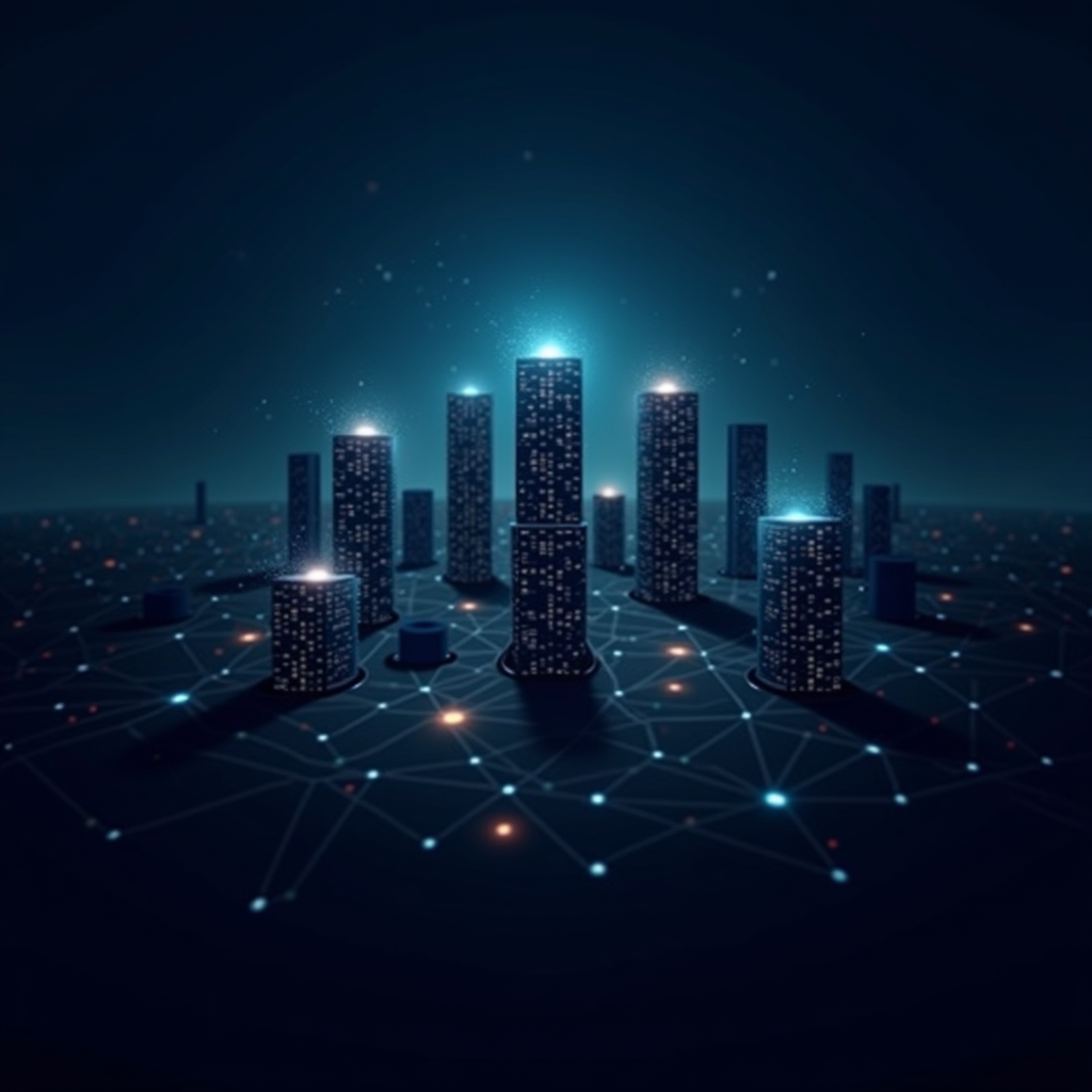 A futuristic cityscape with glowing networks representing AI connecting various business towers, symbolizing AI-powered personalization in B2B marketing.