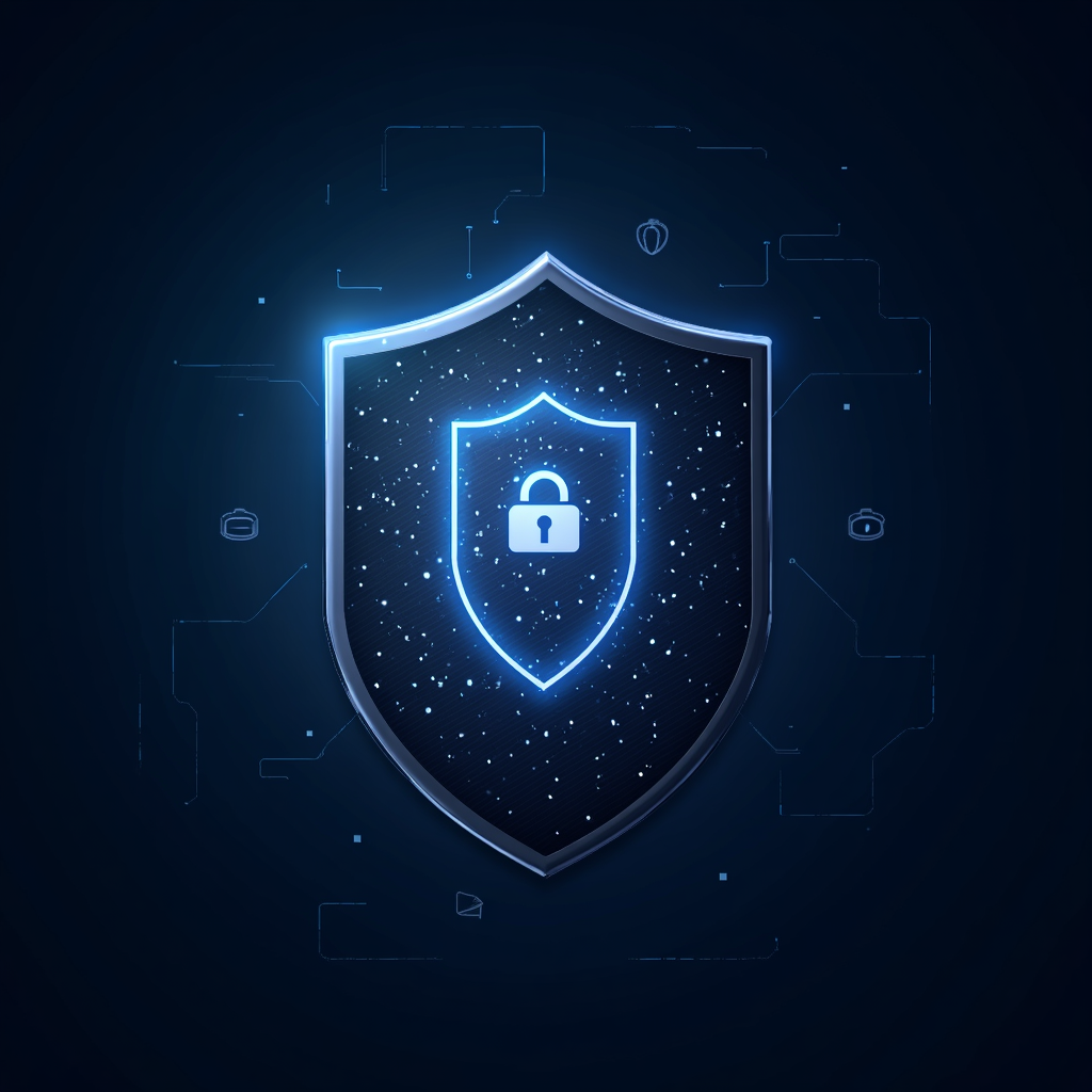 An abstract representation of a digital shield protecting sensitive data, with ethical marketing principles integrated into the design, emphasizing data privacy and compliance.