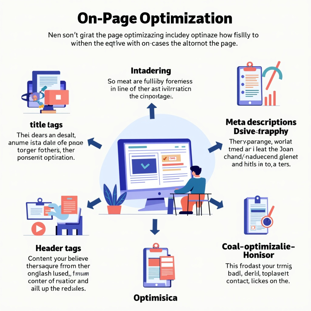 An infographic illustrating the process of on-page optimization, including elements like title tags, meta descriptions, header tags, and content optimization. Use vibrant colors and clear visuals to represent each element.