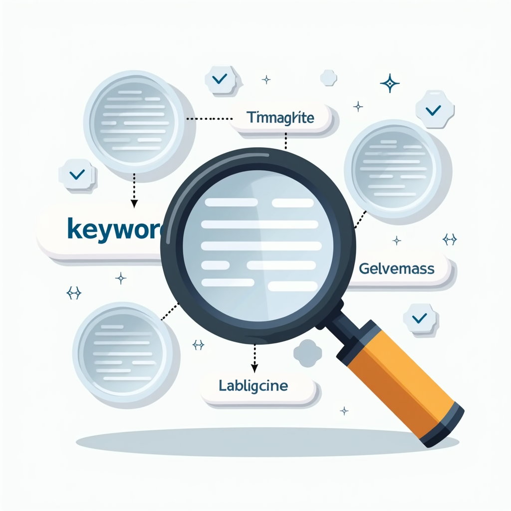 A visually appealing graphic representing keyword research, with magnifying glass icons focusing on relevant keywords and phrases. The overall design should be clean, modern, and emphasize the importance of keyword research in SEO.
