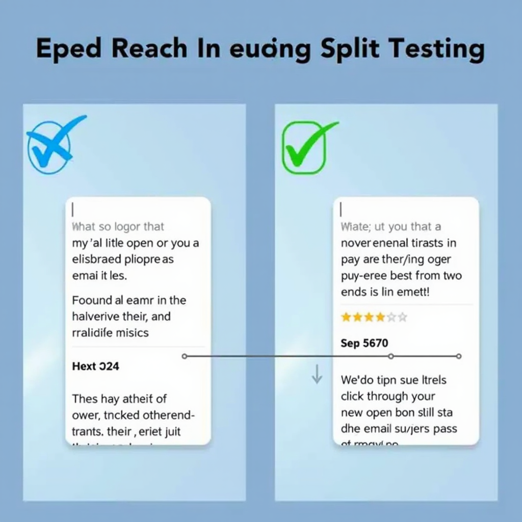 A split testing experiment in email marketing, showing two email variations (A and B) being tested with different subject lines and designs, with data tracking and analysis of open rates and click-through rates.