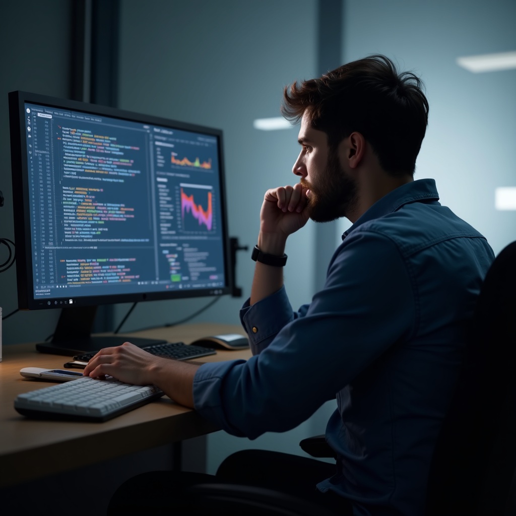 A developer sitting at a desk in a brightly lit office, focusing on a screen filled with code and data visualizations. The scene highlights the model selection and fine-tuning process within Google AI Studio. Emphasize the concentration and precision involved.