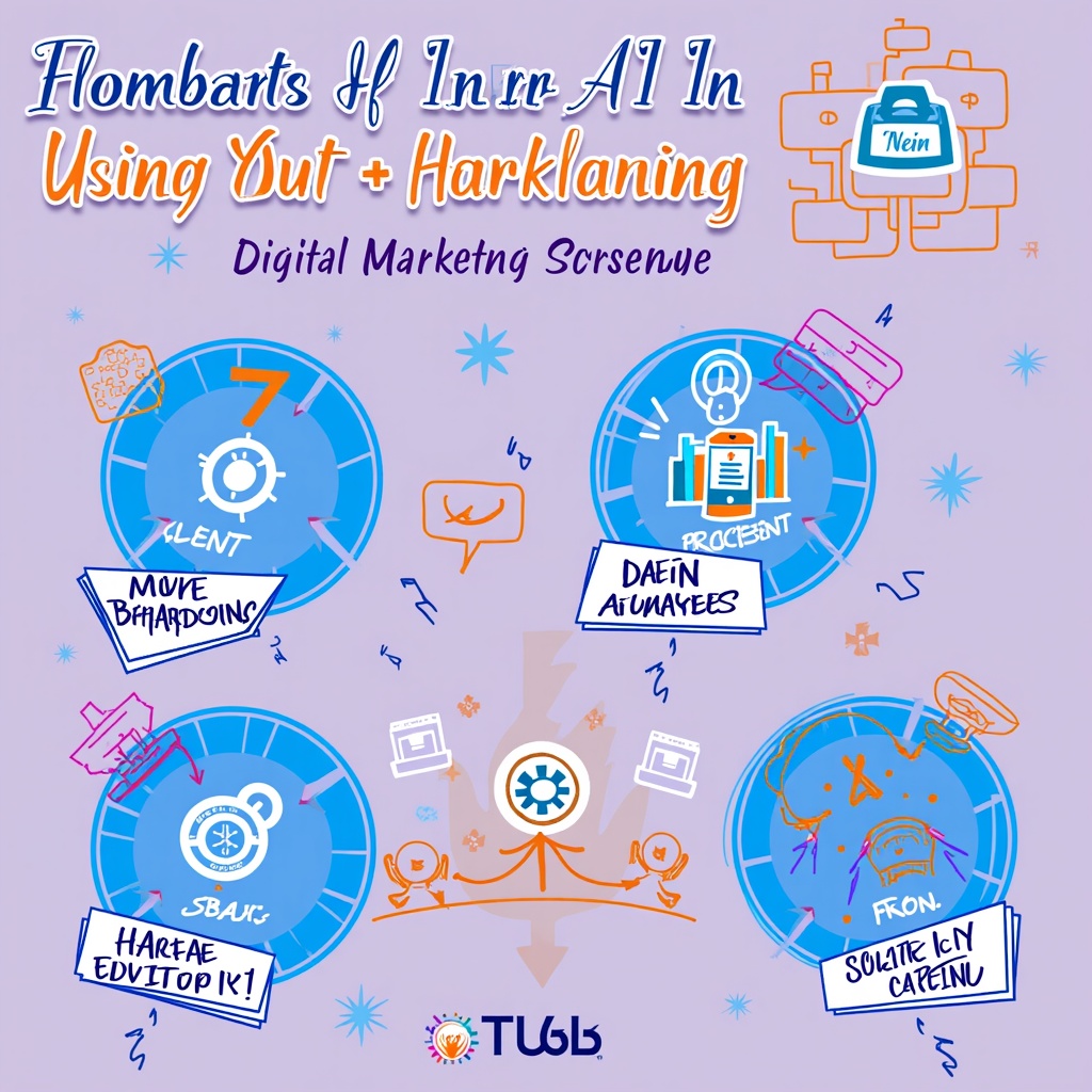 A stylized infographic illustrating the benefits of using AI in digital marketing, with icons representing efficiency, personalization, data analysis, and increased ROI. Bright, vibrant colors are used to convey a sense of innovation and excitement.