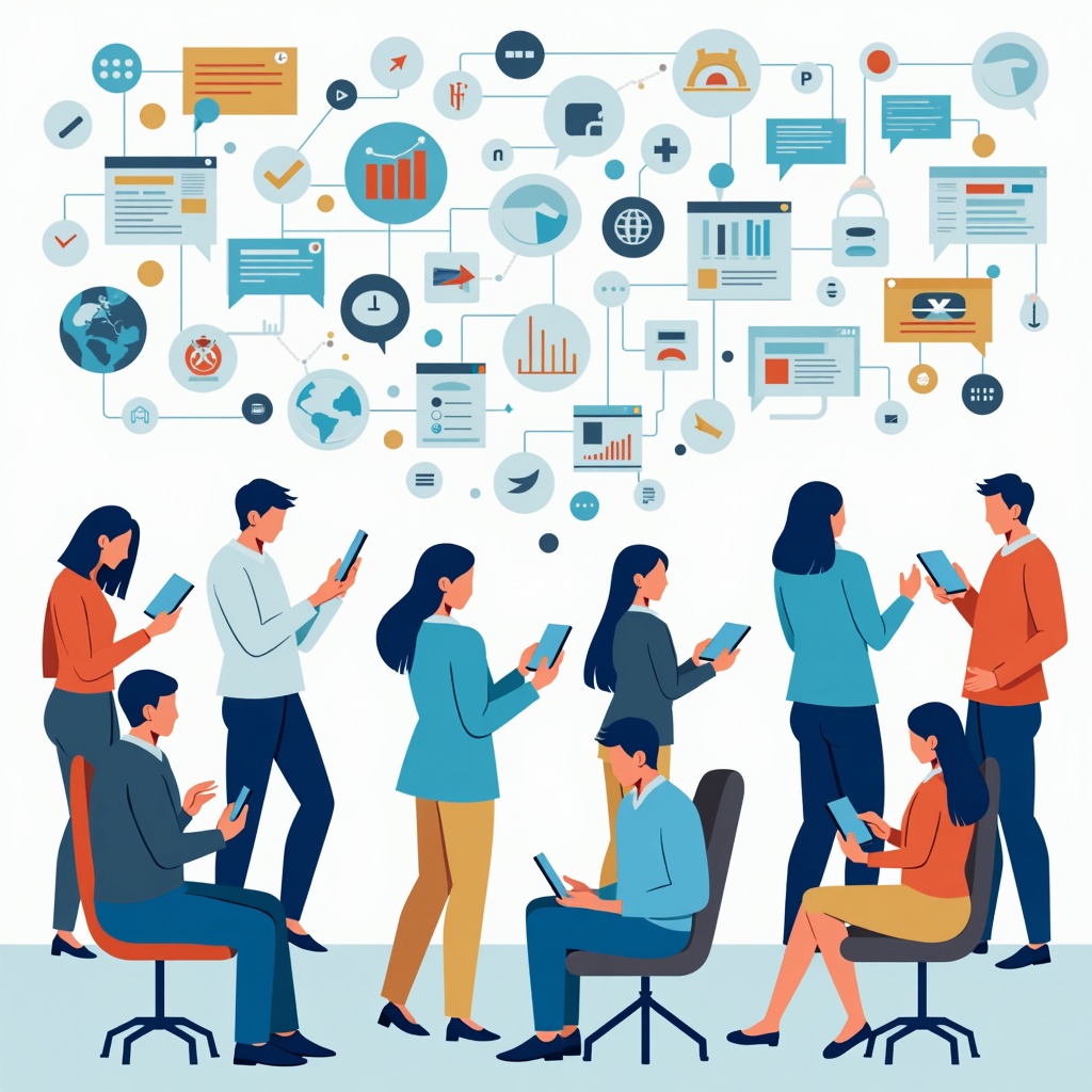 A diverse group of people interacting with various digital devices (smartphones, tablets, laptops) while engaging with different online platforms (social media, search engines, websites). The scene represents the multi-channel nature of digital marketing.