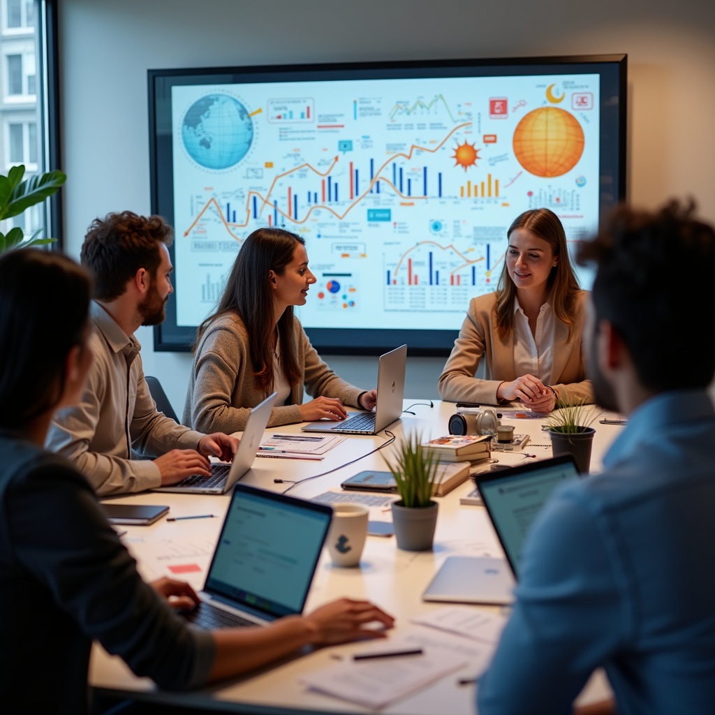 A digital marketing strategy meeting, with team members brainstorming ideas around a table filled with laptops and coffee cups. The scene is brightly lit, showcasing collaboration and innovation.