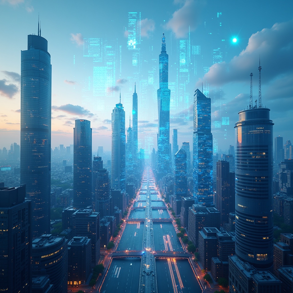 A futuristic cityscape with skyscrapers made of data streams, highlighting how AI is transforming the urban landscape and the digital marketing industry. The sky is filled with floating ad banners powered by AI.