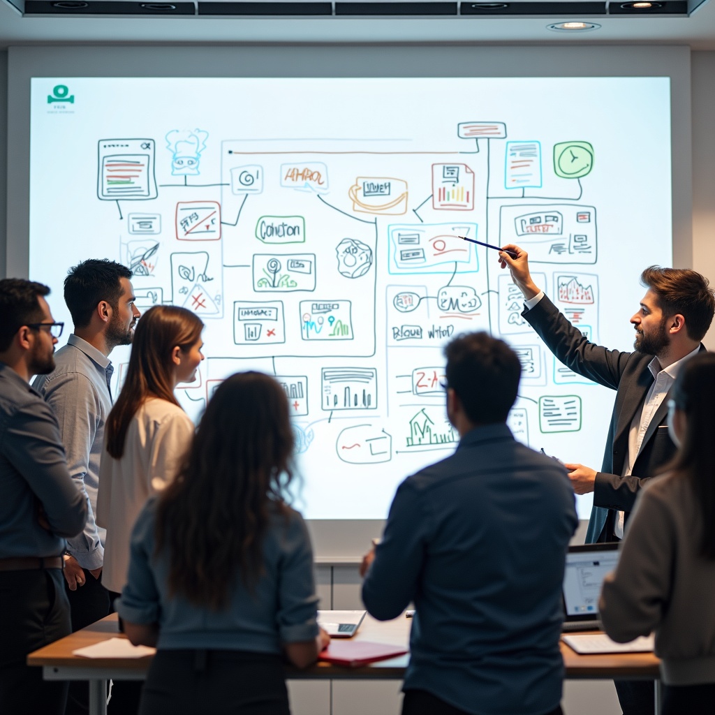 A diverse group of people collaborating around a large interactive whiteboard, brainstorming and sketching ideas for AI-driven applications. The scene emphasizes teamwork, innovation, and the potential of Google AI Studio in various use cases.