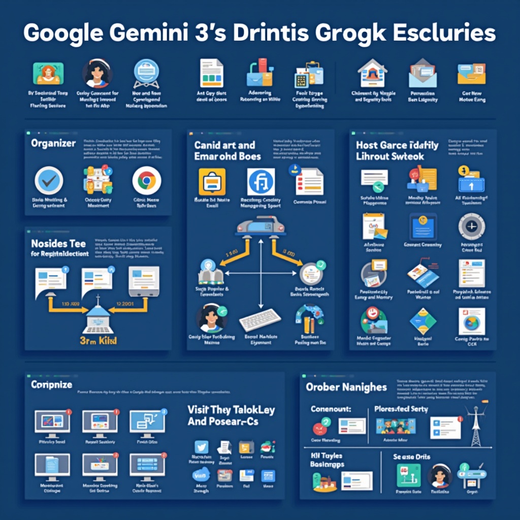 A detailed visualization of Google Gemini 3's agentic capabilities, showcasing its autonomous management of multi-step tasks such as organizing emails, booking services, and conducting research projects.