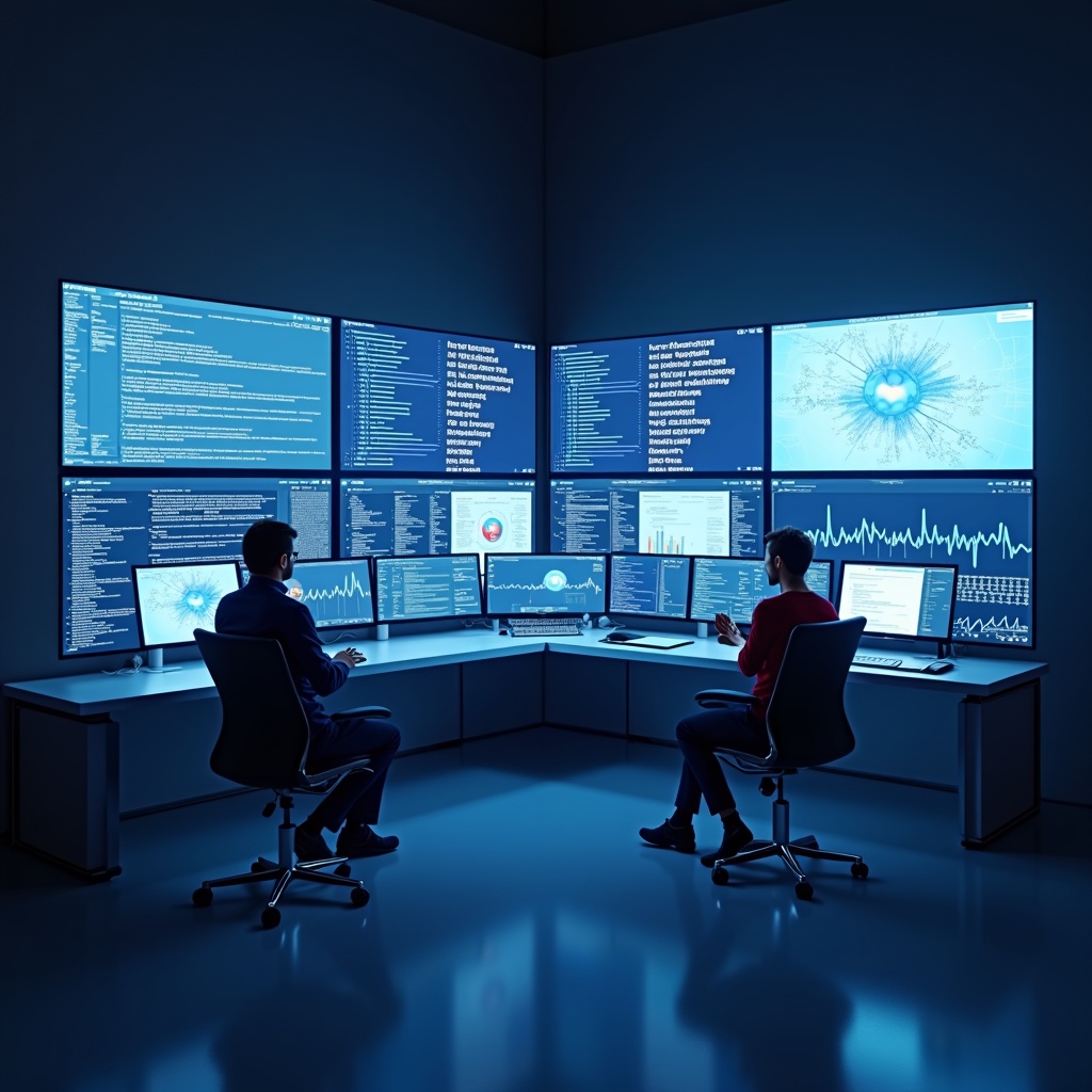 A futuristic AI development studio with multiple screens displaying different types of media like text, images, videos, and audio waveforms. The overall aesthetic should be clean, modern, and tech-forward, highlighting the multimodal capabilities of Google AI Studio.