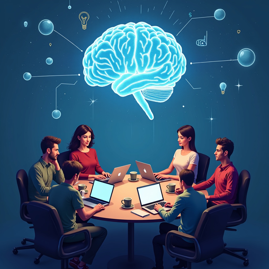 A digital painting of a diverse team of digital marketers brainstorming ideas around a table filled with laptops and coffee cups, with a giant, glowing AI brain hovering above them, subtly influencing their decisions.