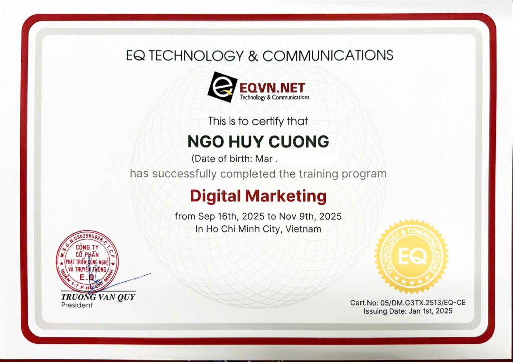 Giấy chứng nhận hoàn thành khóa học Digital Marketing Giấy chứng nhận hoàn thành khóa học Digital Marketing EQVN